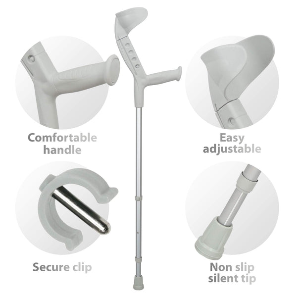 ORTONYX Progress I adult forearm crutch with adjustable cuff, ergonomic handle, secure clip, height adjustable, non-slip tip