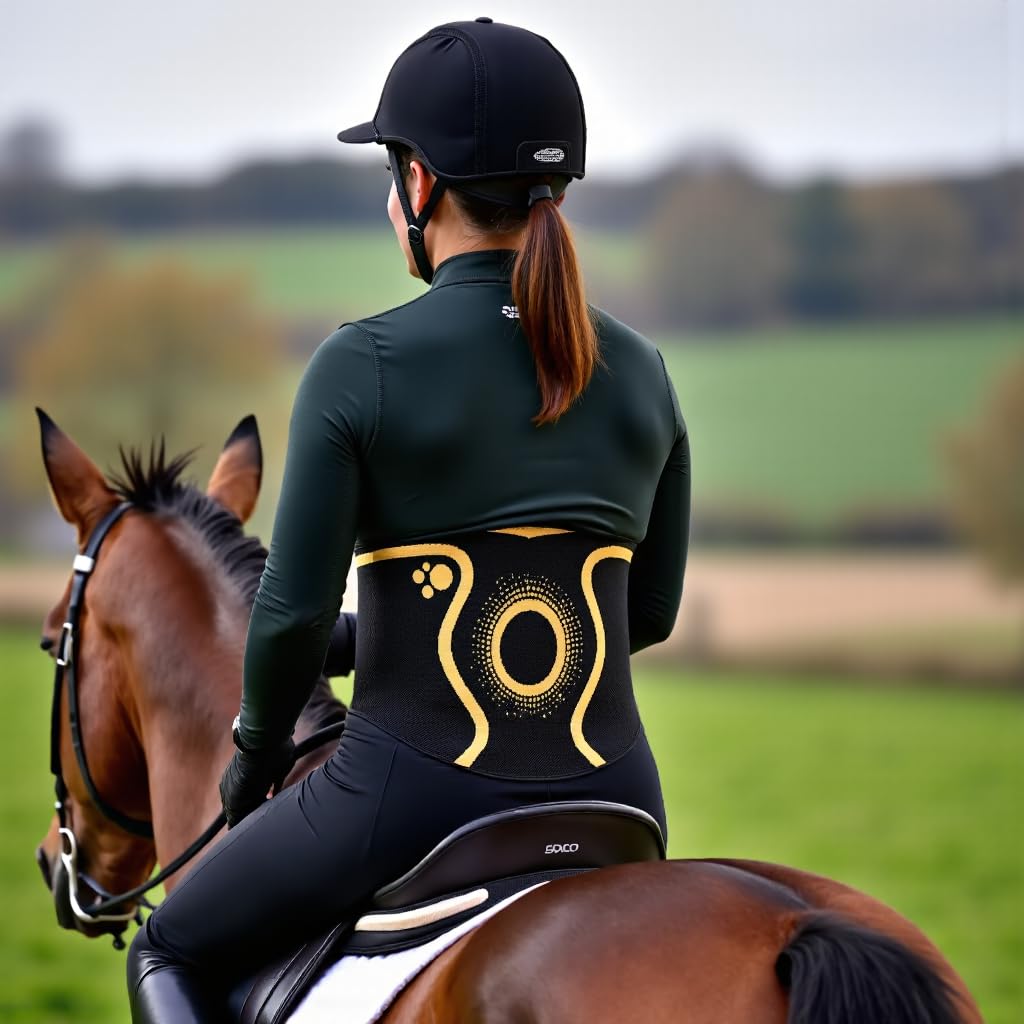 Rider on horseback wearing ORTONYX Lumbosacral Back Support Brace KB725, 3D knitted, breathable, contoured lumbar support.