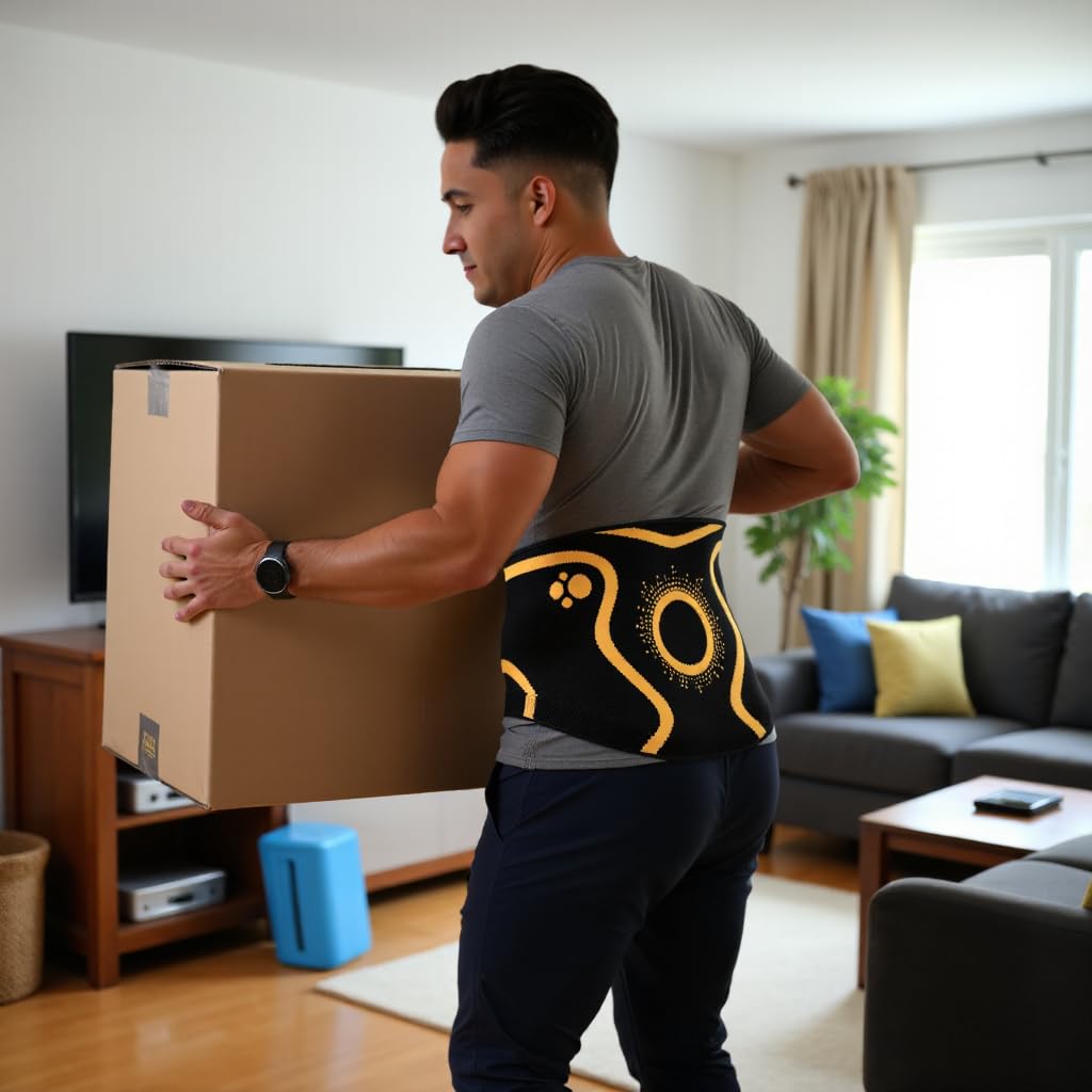 Man lifting box at home wearing ORTONYX Lumbosacral Back Support Brace KB725, 3D-knit lumbar support with low-profile stays.