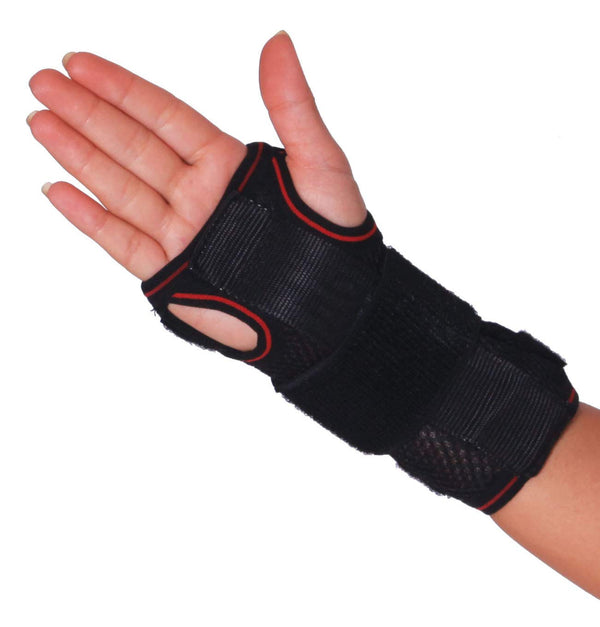 Black ORTONYX carpal tunnel wrist brace, breathable compression knit, red trim, thumb hole, adjustable wraparound strap
