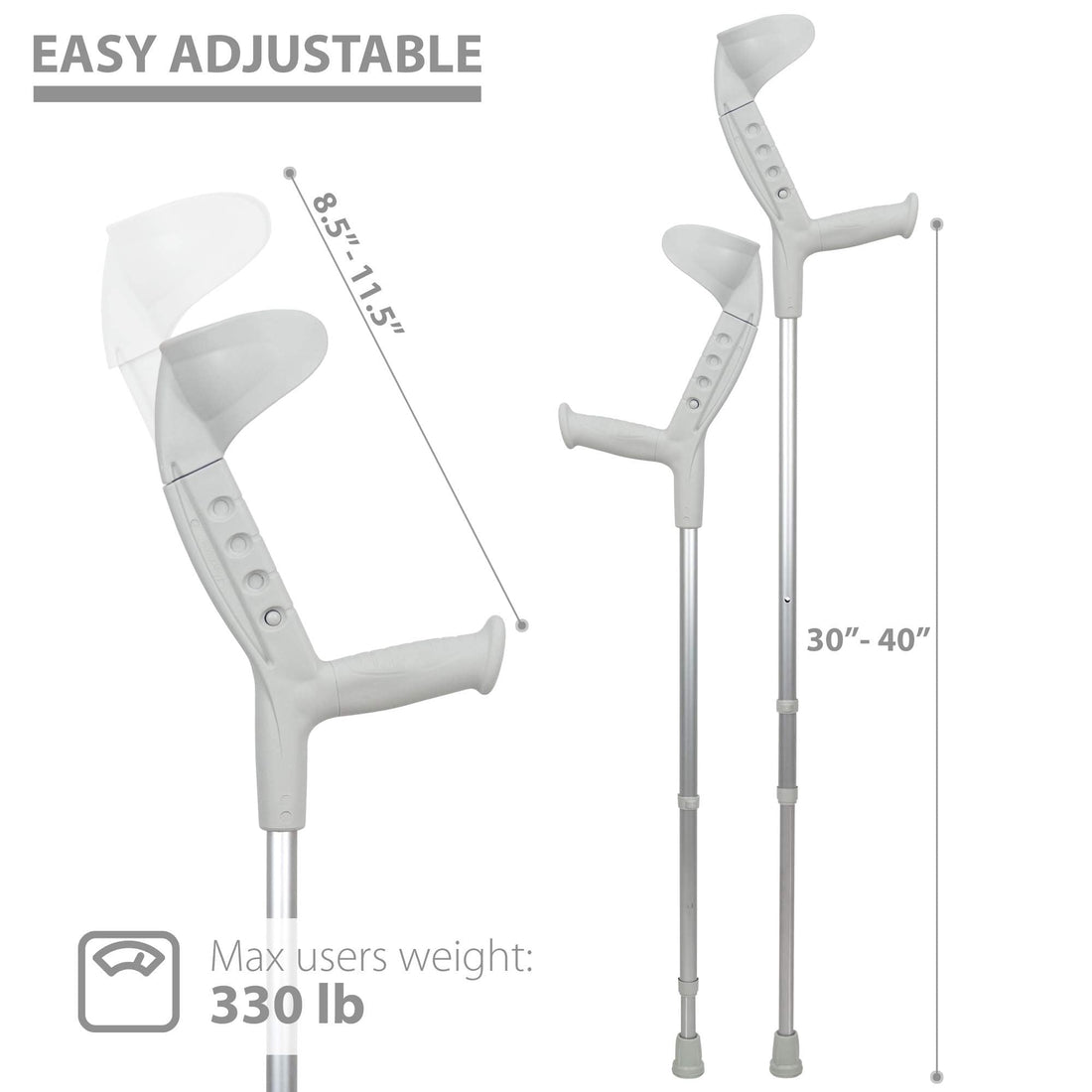 ORTONYX Progress I adult walking forearm crutches set with adjustable forearm support and height-adjustable aluminum shafts.