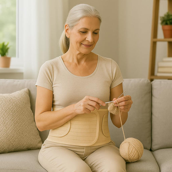ORTONYX Abdominal Binder in beige worn by woman knitting; adjustable Velcro, elastic fabric, tapered low‑profile support.