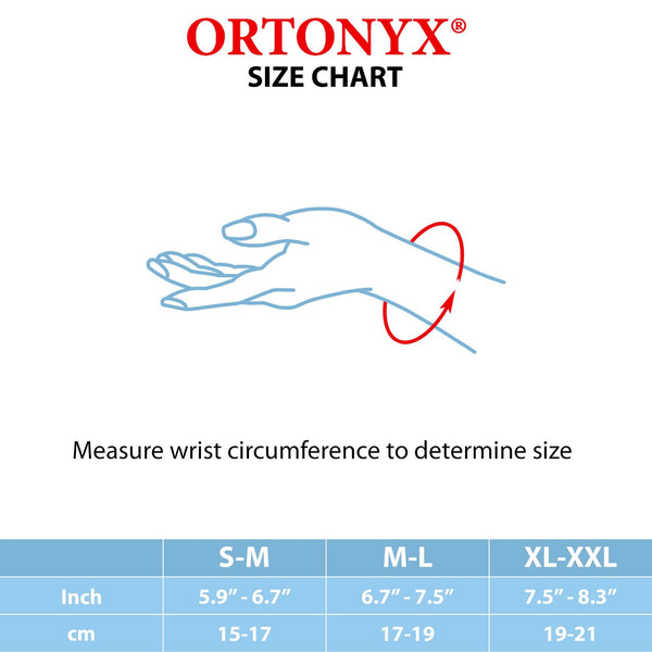 ORTONYX thumb immobilizer brace size chart: measure wrist circumference; S-M 5.9-6.7in, M-L 6.7-7.5in, XL-XXL 7.5-8.3in.