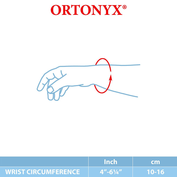 ORTONYX pediatric wrist support sizing guide: wrist circumference diagram with red loop; fits 4–6¼ in (10–16 cm).