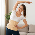 Woman stretching in beige ORTONYX Abdominal Binder IMWB-568; Velcro-adjustable compression, breathable elastic, tapered fit.