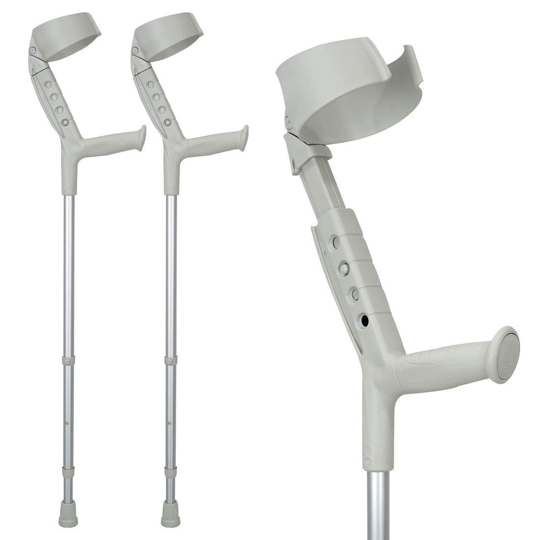 Pair of ORTONYX Progress II closed cuff forearm crutches; adjustable arm 8.5–11.5 in and height 30–40 in, rubber tips