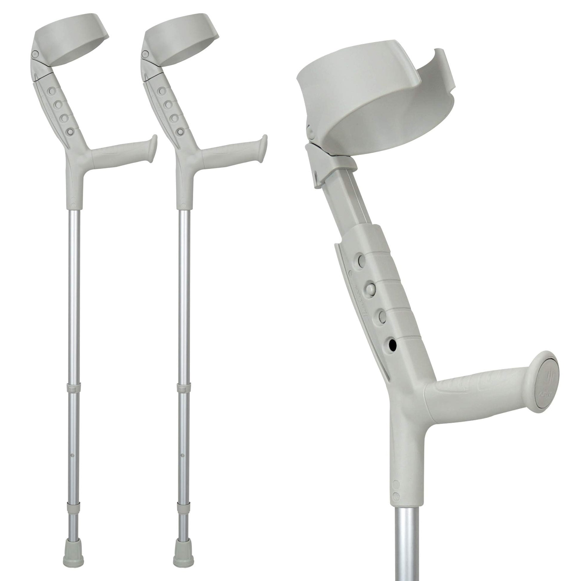 Pair of ORTONYX Progress II closed cuff forearm crutches; adjustable arm 8.5–11.5 in and height 30–40 in, rubber tips