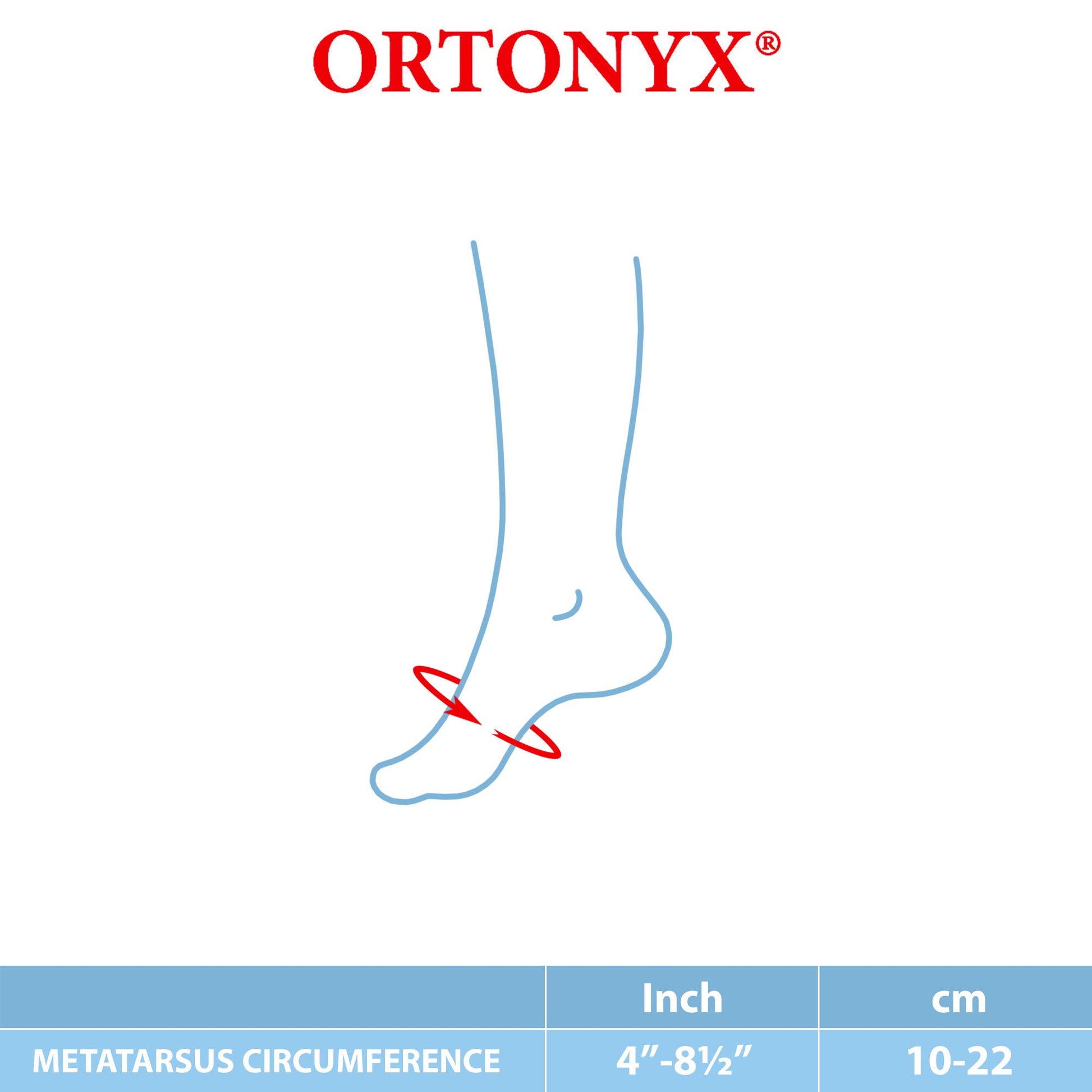 ORTONYX bunion splint sizing: measure metatarsus circumference 4–8½ in (10–22 cm) for ACJB2010 pediatric hallux valgus brace