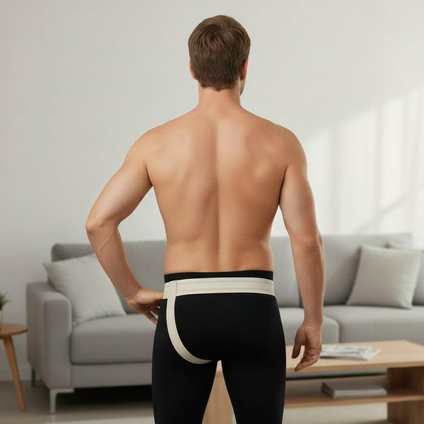 Back view: left side inguinal hernia truss with elastic strap, slim groin hernia support belt USACHB7270L