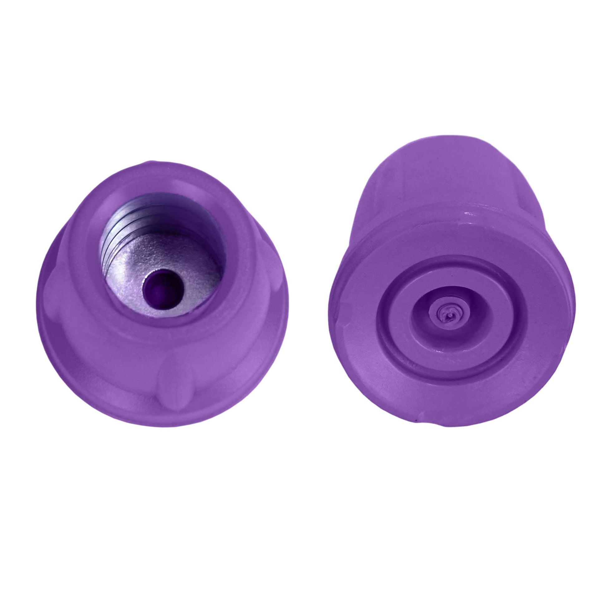 ORTONYX crutch tips pair in purple, replacement walking aid tips HDG920115X2 shown top and base views with threaded insert.