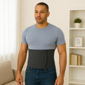 Man wearing ORTONYX Abdominal Binder, black adjustable Velcro wrap with breathable elastic; ergonomic tapered waist support