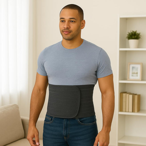 Man wearing ORTONYX Abdominal Binder, black adjustable Velcro wrap with breathable elastic; ergonomic tapered waist support
