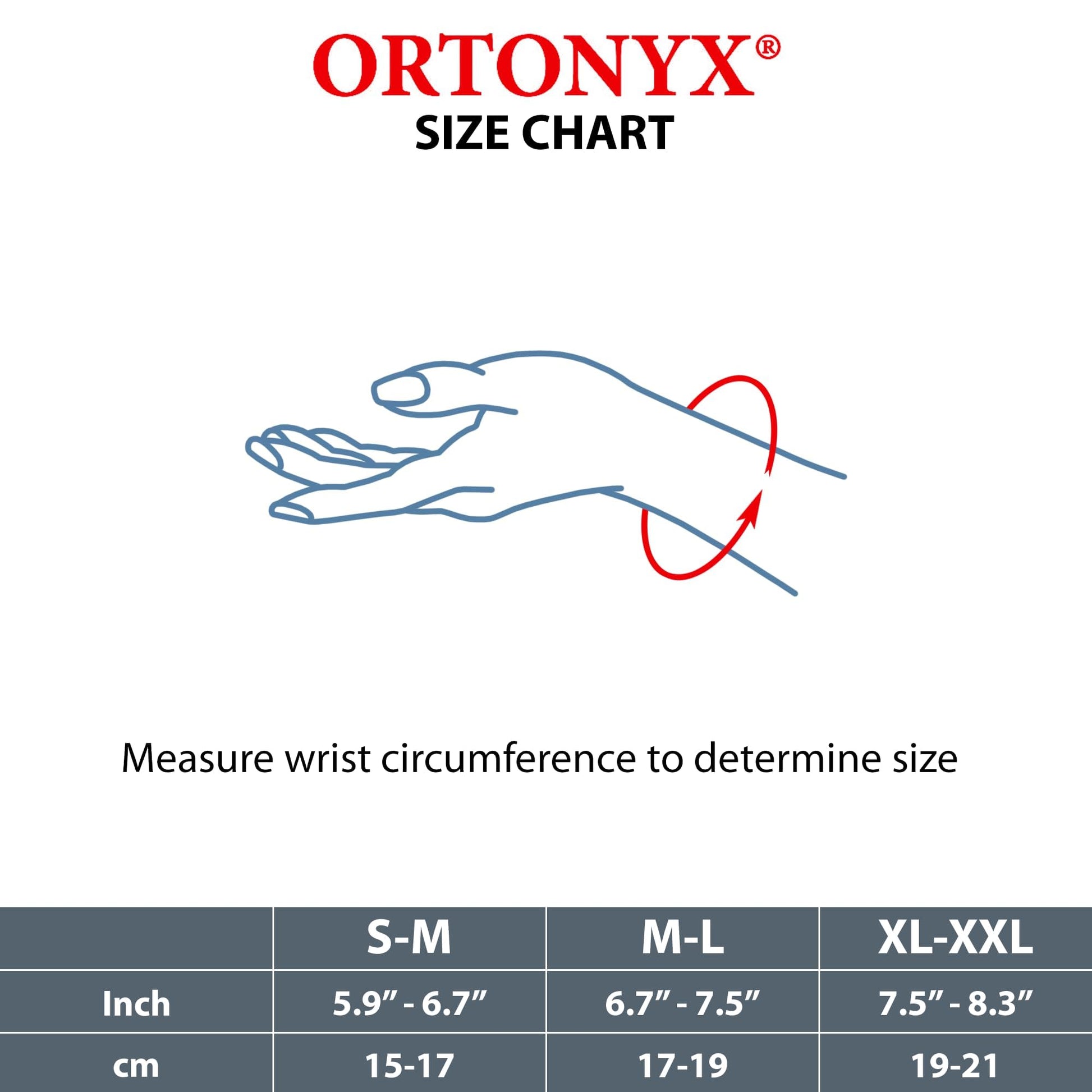 ORTONYX Thumb Immobilizer Brace ACKB433 size chart showing wrist circumference: S-M 5.9–6.7, M-L 6.7–7.5, XL-XXL 7.5–8.3 in.