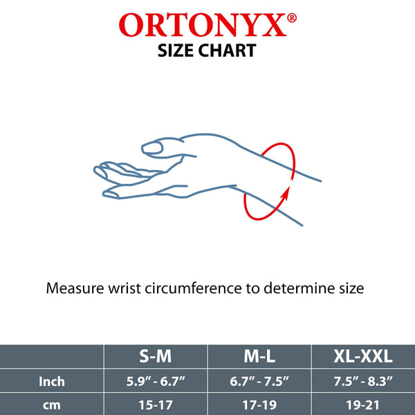 ORTONYX Thumb Immobilizer Brace ACKB433 size chart showing wrist circumference: S-M 5.9–6.7, M-L 6.7–7.5, XL-XXL 7.5–8.3 in.