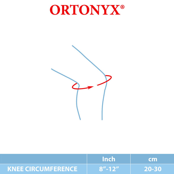 ORTONYX Kids Knee Brace ACJB2110 sizing guide: measure patellar circumference; fits 8–12 in (20–30 cm) youth knees