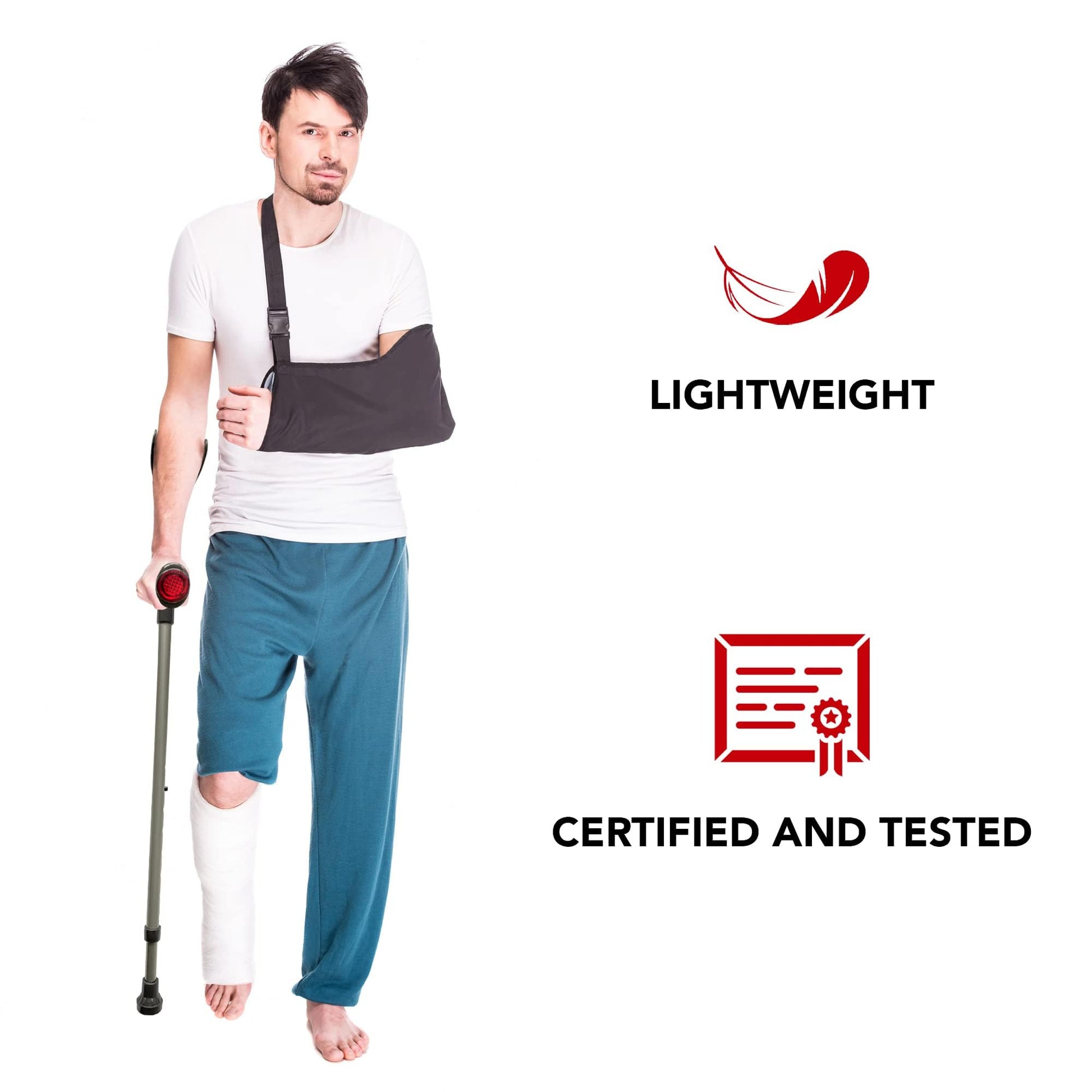 Adult using ORTONYX forearm crutches AL01; red reflector handle, height-adjustable aluminum shaft; lightweight, certified
