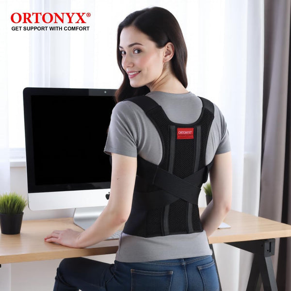 Woman wearing ORTONYX Comfort 656 posture corrector back brace with cross-back shoulder straps and thoracic clavicle support.