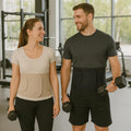Models wearing ORTONYX Abdominal Binder IMWB-568 in beige and black; Velcro-adjustable belts for abdominal/lumbar support