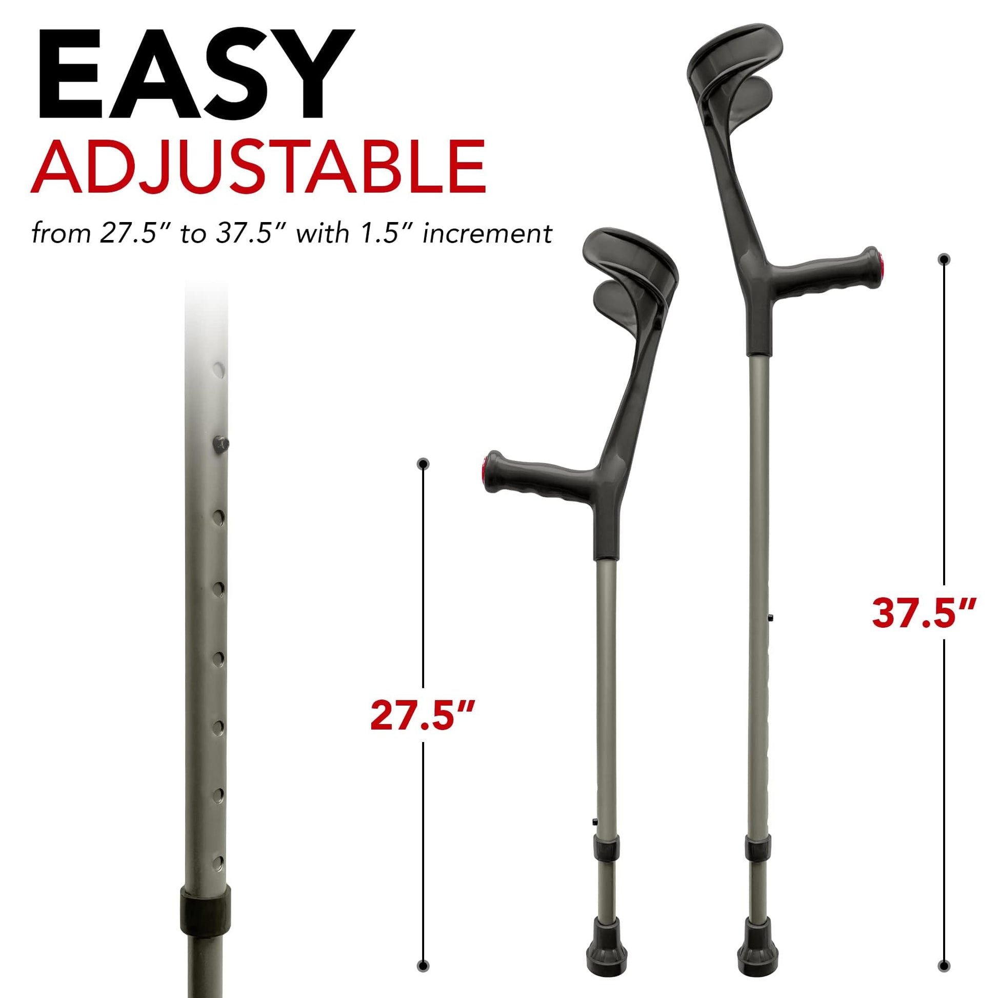 ORTONYX forearm crutches AL01, open cuff crutches with handle reflectors, clip-adjustable height 27.5–37.5 in, aluminum.
