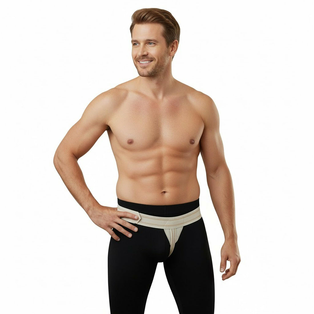 Man wearing beige inguinal hernia truss groin support belt with silicone pad and adjustable straps over black tights