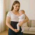 Postpartum woman holding baby, wearing black ORTONYX Abdominal Binder IMWB-568, Velcro-adjustable tapered belly band.