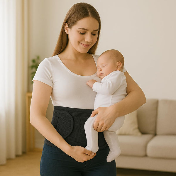 Postpartum woman holding baby, wearing black ORTONYX Abdominal Binder IMWB-568, Velcro-adjustable tapered belly band.