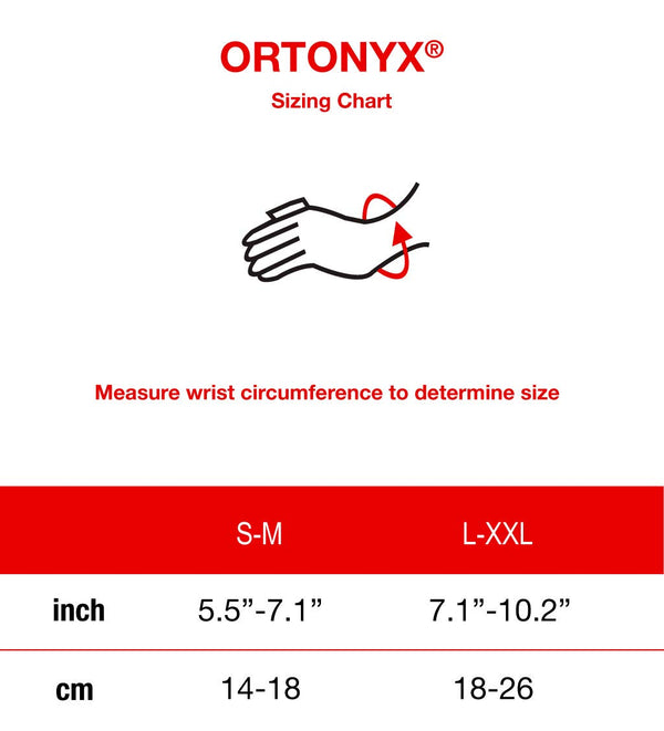ORTONYX thumb immobilizer brace sizing chart; measure wrist: S-M 5.5–7.1in (14–18cm), L-XXL 7.1–10.2in (18–26cm)