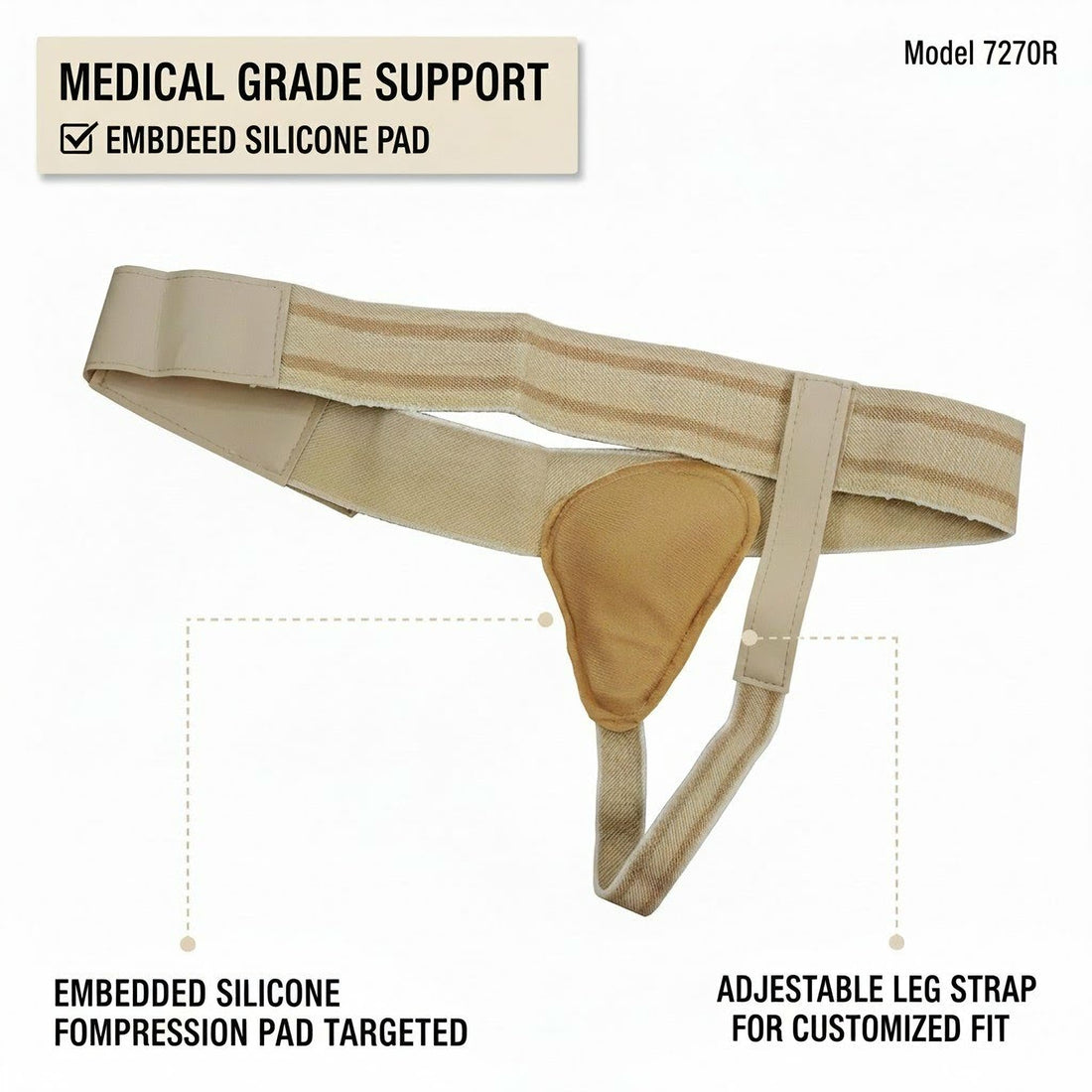 Man wearing beige inguinal hernia truss groin support belt with silicone pad and adjustable straps over black tights