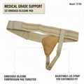 Beige right-side inguinal hernia truss with contoured silicone pad and adjustable leg strap, groin hernia support belt.