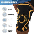 ORTONYX knee compression sleeve, 3D knitted knee brace with patella ring; icons: durable, lightweight, breathable, flexible