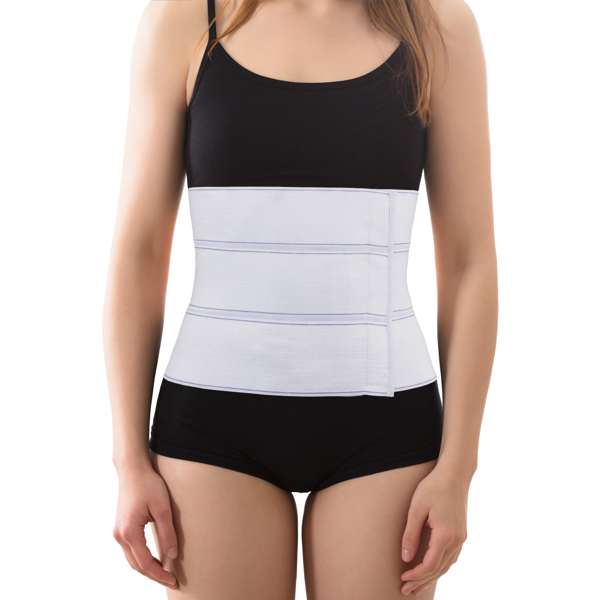 Model wearing white 9-inch elastic abdominal binder, umbilical hernia belt with adjustable closure for postoperative support.