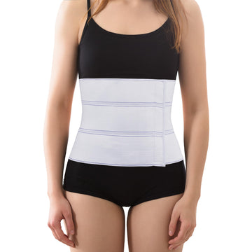 Model wearing white 9-inch elastic abdominal binder, umbilical hernia belt with adjustable closure for postoperative support.