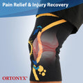 ORTONYX Knee Compression Sleeve, 3D knitted knee brace with patella ring support shown on leg for meniscus/ACL pain relief