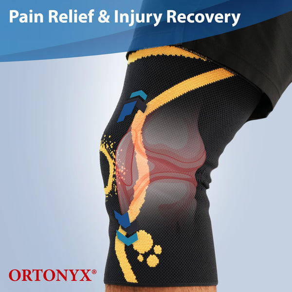 ORTONYX Knee Compression Sleeve, 3D knitted knee brace with patella ring support shown on leg for meniscus/ACL pain relief