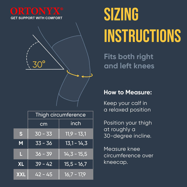 ORTONYX knee brace ACKB714 sizing guide: 30° measuring diagram and S-XXL thigh circumference table (cm/in), fits both knees