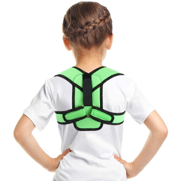 Back view of child wearing green pediatric figure‑8 clavicle support brace with padded straps; breathable posture corrector