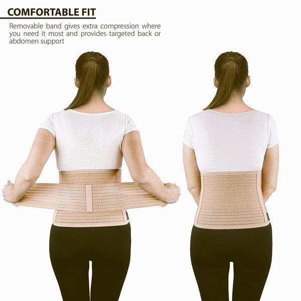ORTONYX Abdominal Binder IMWB-568, beige; two rear views: model tightening Velcro wrap and wearing tapered waist/back support