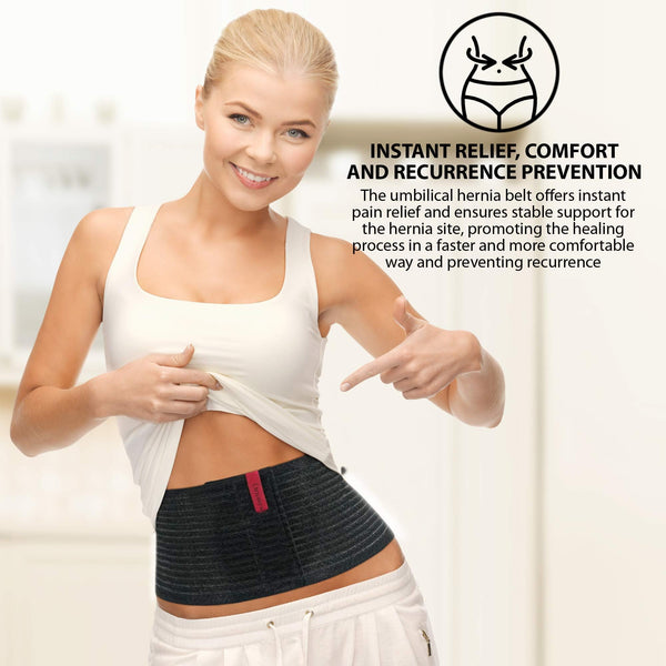 Model pointing to black ORTONYX umbilical hernia belt, 6.25-inch abdominal support binder worn over navel.