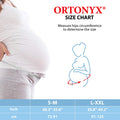 ORTONYX Maternity Support Belt size chart; measure hip circumference. S-M 28.3-35.8 in, L-XXL 35.8-49.2 in; hip tape shown.