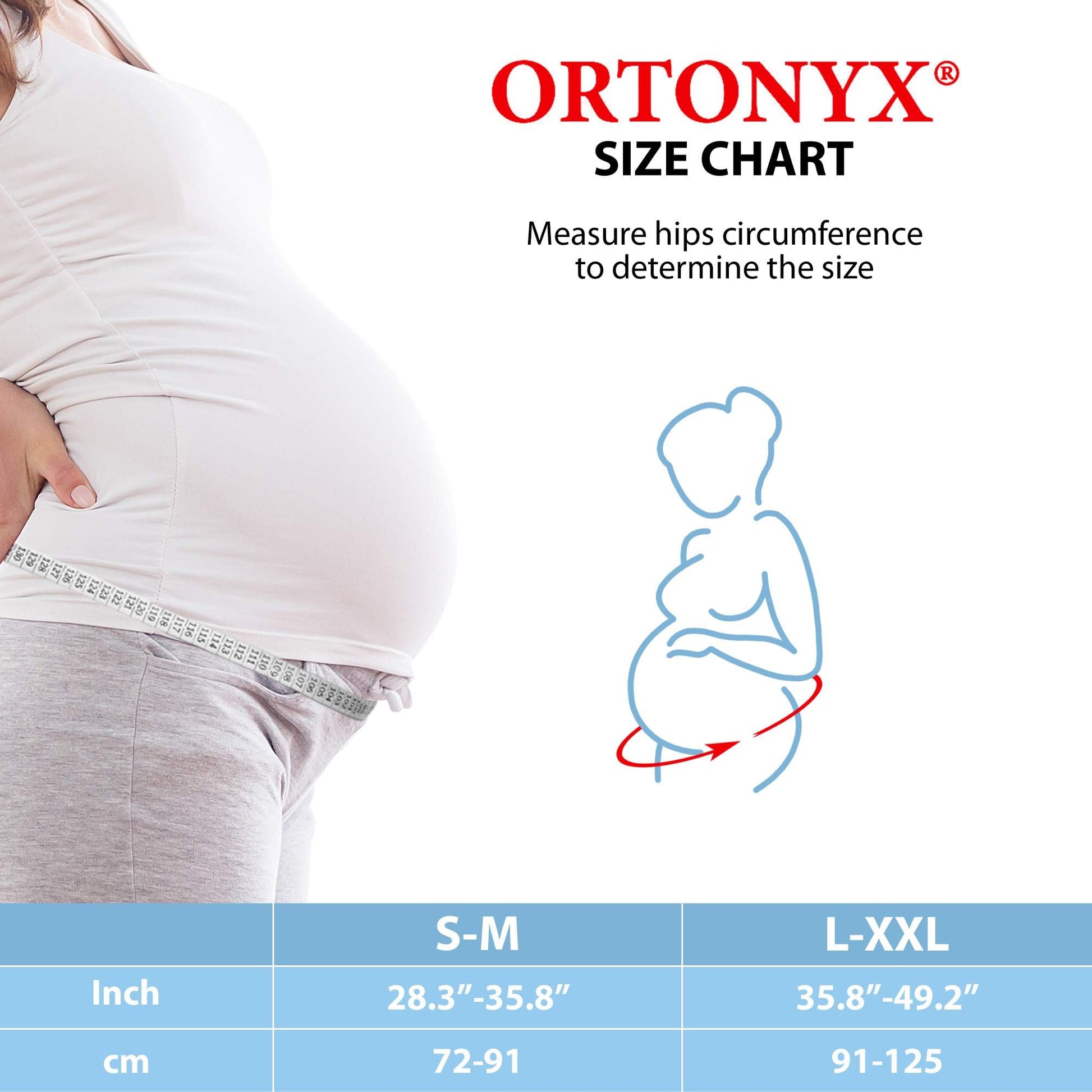 ORTONYX Maternity Support Belt size chart; measure hip circumference. S-M 28.3-35.8 in, L-XXL 35.8-49.2 in; hip tape shown.
