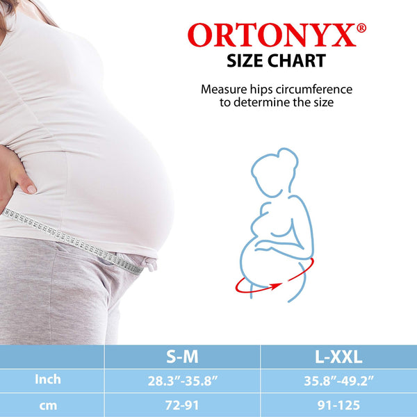 ORTONYX Maternity Support Belt size chart; measure hip circumference. S-M 28.3-35.8 in, L-XXL 35.8-49.2 in; hip tape shown.
