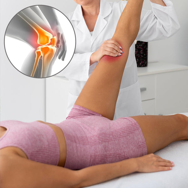 Therapist stretching patient's leg; inflamed knee highlighted, inset shows patella and ligaments; ORTONYX knee brace ACKB714