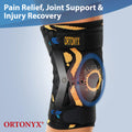 ORTONYX hinged knee brace on leg with 3D knitted knee sleeve, patella ring, dual straps for ACL/MCL/PCL and meniscus support.