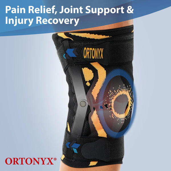 ORTONYX hinged knee brace on leg with 3D knitted knee sleeve, patella ring, dual straps for ACL/MCL/PCL and meniscus support.