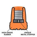 Orange ORTONYX crutch tip cutaway with high‑grade rubber and metal stopper; replacement crutch tips HDG920116X2