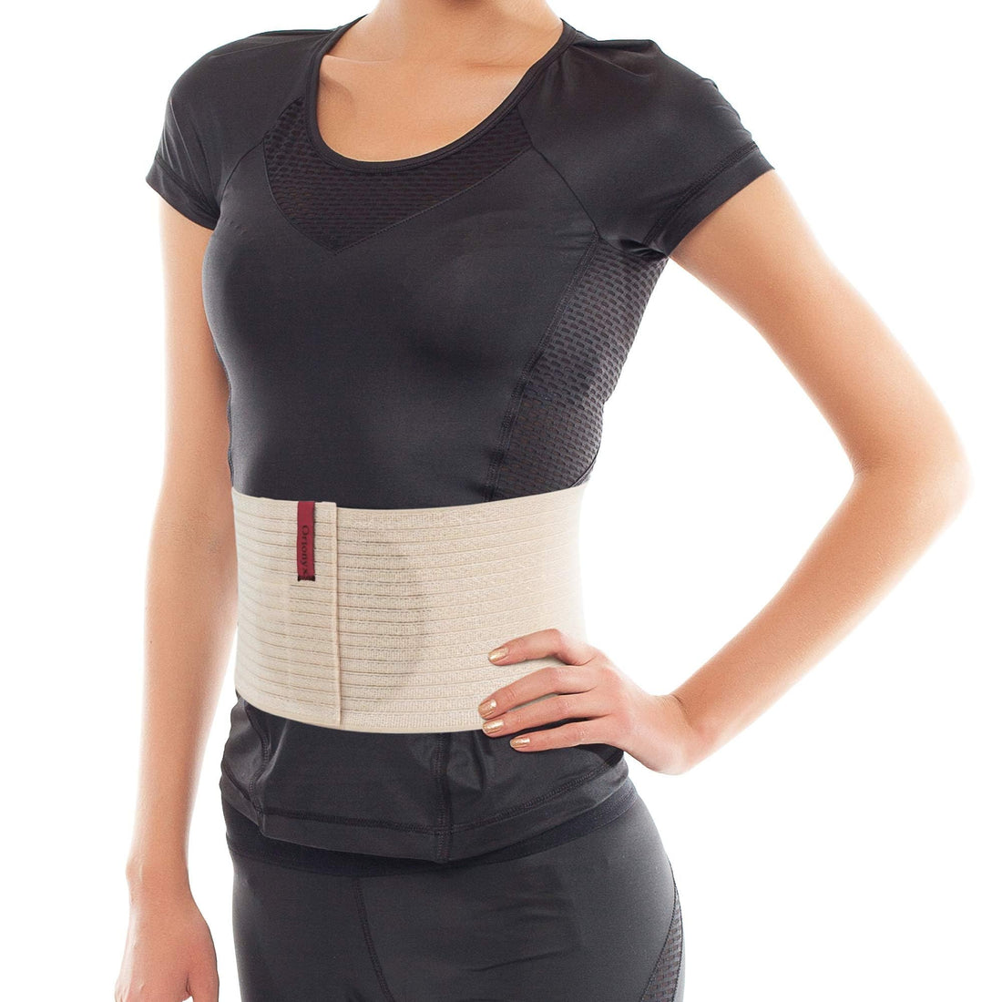 ORTONYX umbilical hernia belt, beige abdominal support binder with front closure and targeted silicone pad over navel.