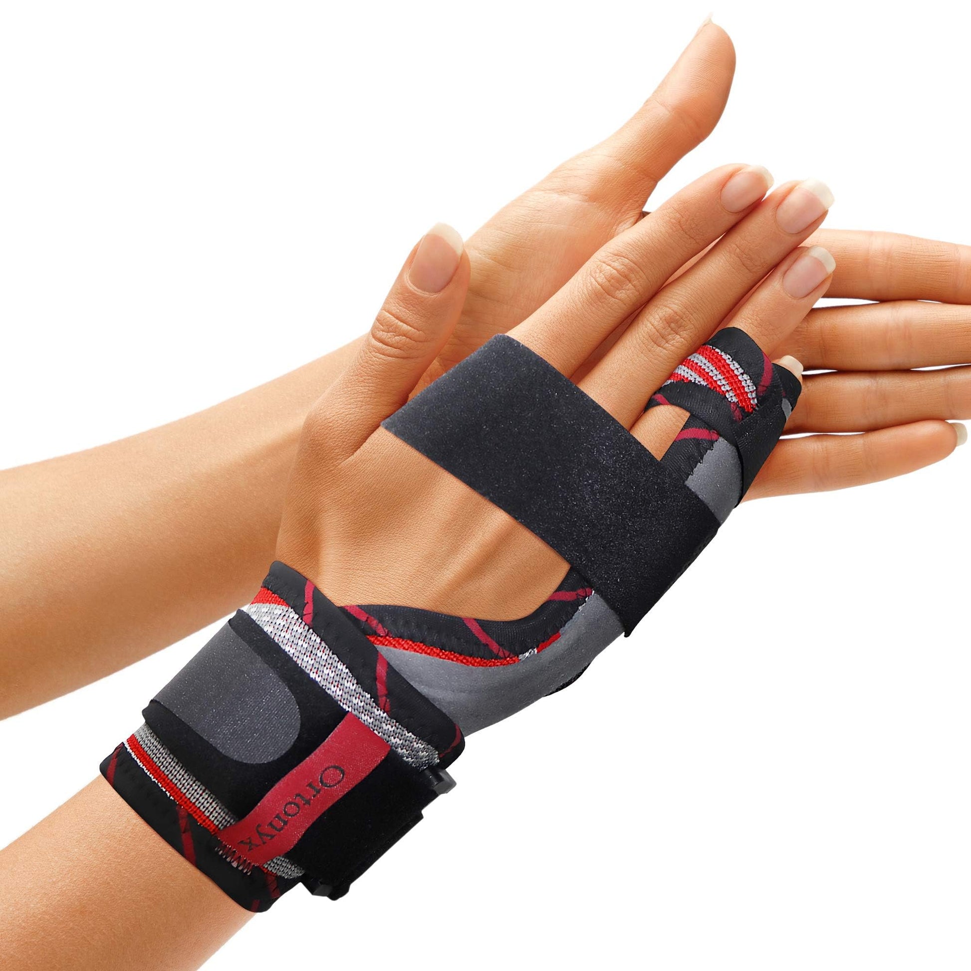 ORTONYX boxer fracture splint ACKB434 on hand, 4th and 5th digit immobilizer with padded straps and ulnar wrist support