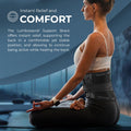 Woman in yoga pose wearing ORTONYX lumbar support brace, breathable lumbosacral back support belt with adjustable stays.