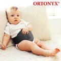 Infant wearing ORTONYX Baby Umbilical Hernia Belt OX350 with hook-and-loop closure, elastic support wrapped around abdomen.
