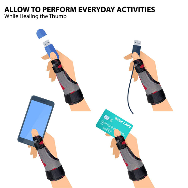 Hand wearing ORTONYX thumb spica immobilizer splint for daily tasks—holding phone, USB drive and card; hook-and-loop straps.